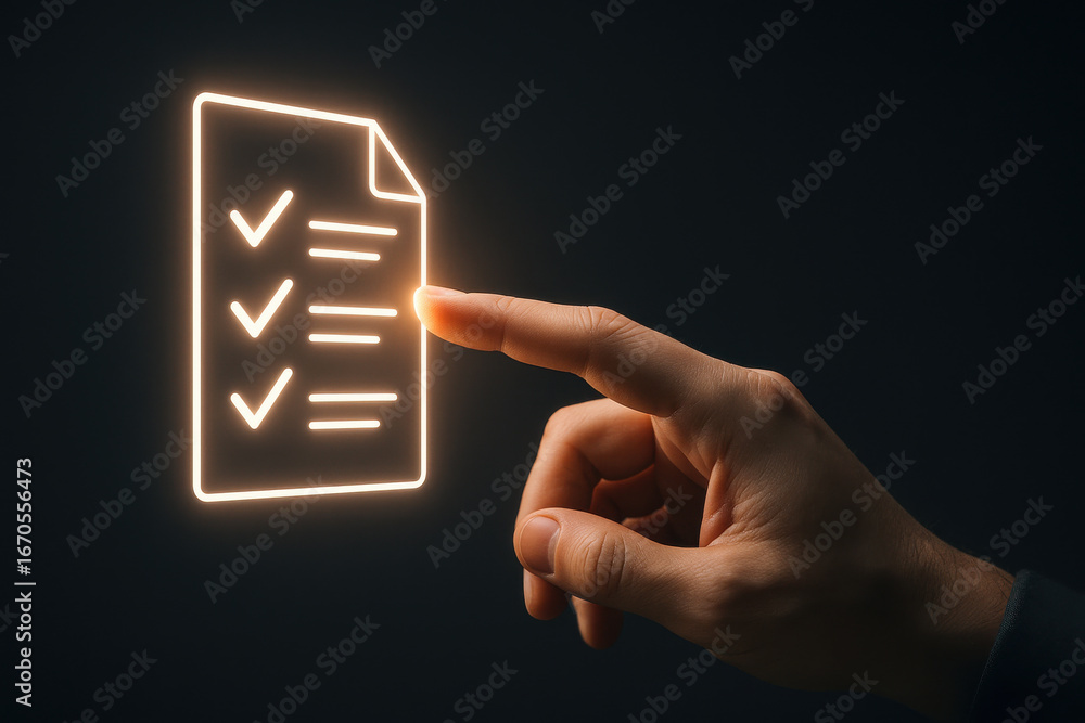 Poster hand pointing at glowing checklist icon symbolizing task completion and productivity