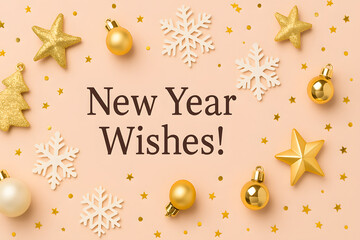 New year wishes greeting card festive background with golden stars snowflakes ornaments Christmas tree decorations celebration concept holiday season message design winter party decoration joy happine