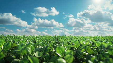 A vast green soy crop on a sunny day