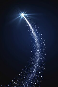 Shooting star, comet or meteor shape. Sparkling star in white. Isolated on black space background. Stardust, space dust with light trail. A wish, a Christmas miracle- abstract magic spark