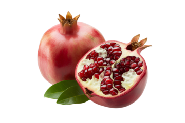 Whole and Halved Pomegranate with Green Leaves on White Background isolated on a transparent background