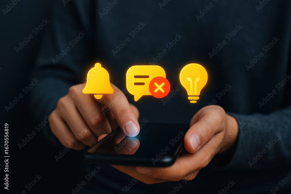 Poster person using smartphone with notification icons of bell, message with cross, and light bulb