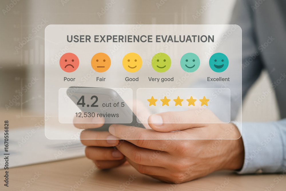 Poster user experience evaluation with five star rating and review count on smartphone screen