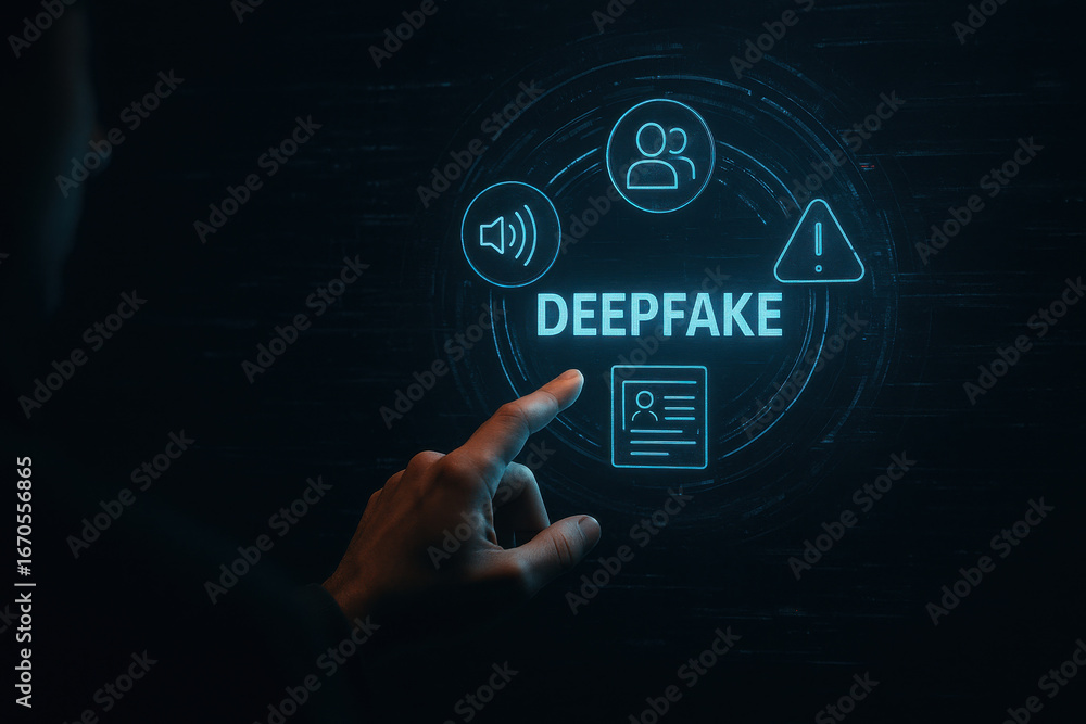 Poster deepfake technology concept with hand pointing at digital interface and icons