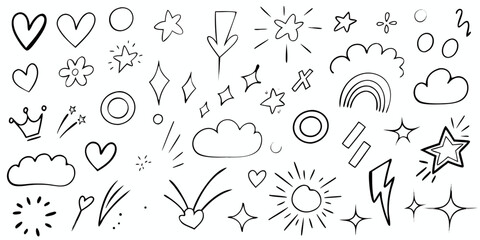 Obraz premium Collection of hand drawn doodle elements including hearts stars clouds rainbow crown and sunbursts