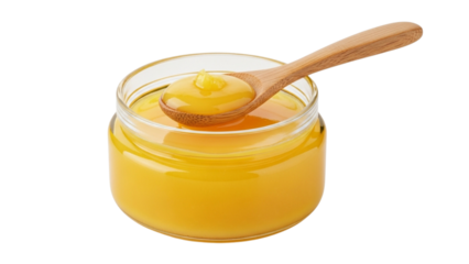 Pure Gold: A Glass Jar of Traditional Indian Ghee (Clarified Butter) for Cooking and Ayurvedic Wellness, Isolated on White