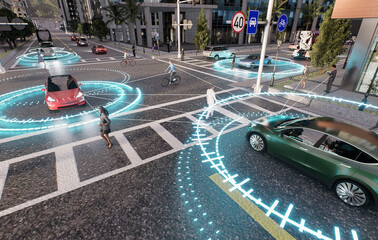 3D conceptual illustration of autonomous smart cehicle radar signals