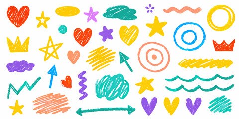 Collection of colorful hand drawn crayon doodles and scribbles on white background