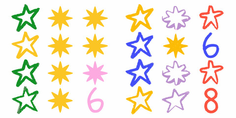 Collection of colorful hand drawn stars and numbers with a childlike artistic style