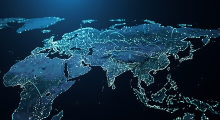 Global network connections across continents illuminating the digital world map