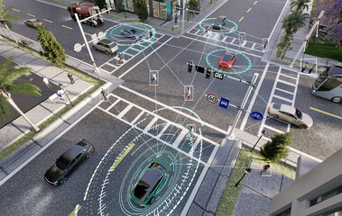3D render of smart vehicels and pedestrians at 4 way juntion