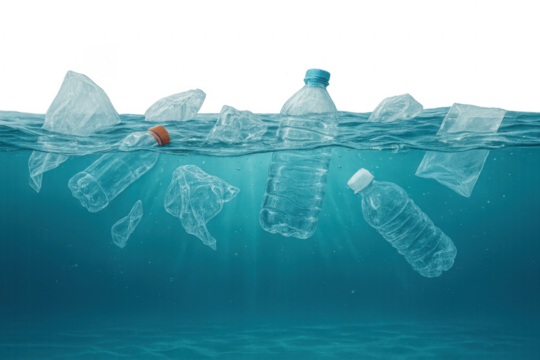 Plastic bottles and bags polluting ocean with transparent background