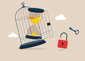Hourglass with key free himself from cage. Concept of imprisonment. Flat vector illustration.