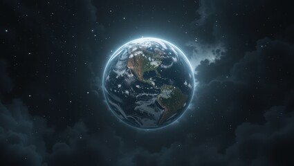 Fototapeta premium Illuminated Earth Globe Surrounded by Dark Clouds and Stars in a Cosmic Night Scene