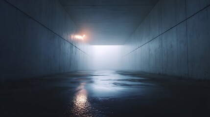 Empty concrete tunnel with a light source at the end.