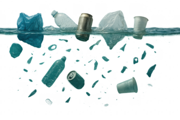 Plastic pollution floating in the ocean with transparent background