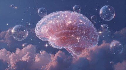 Obraz premium Translucent human brain with dream bubbles containing galaxies floating in starry night sky, symbolizing imagination, consciousness, and cosmic creativity