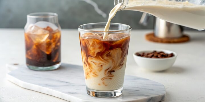 Iced Coffee with Milk Pour Marble Background, Glass Composition, Creamy Texture, Refreshing Beverage Iced Coffee, Latte