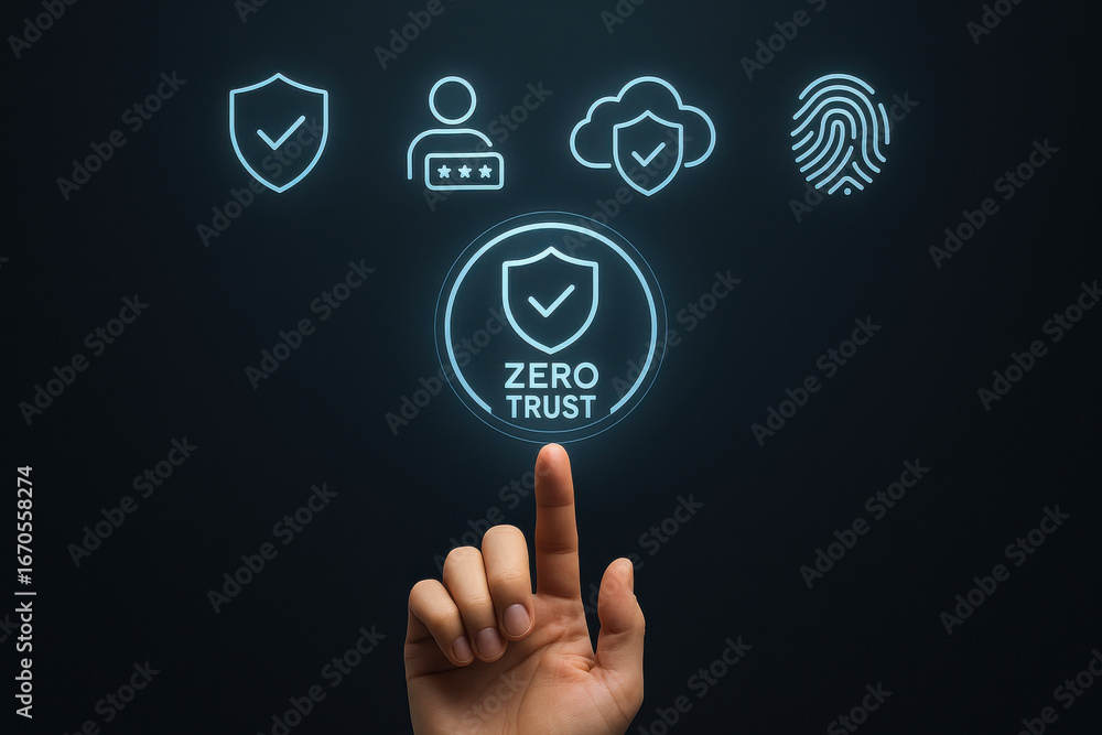 Poster zero trust security concept with hand pointing on shield icon and fingerprint