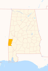 Fototapeta premium Map of the County Choctaw (Alabama, US) showing the Federal State with the highlighted County