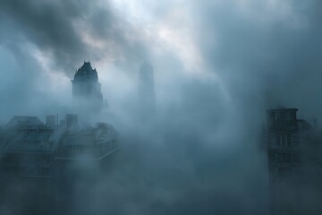 Fototapeta premium City skyline shrouded in a thick fog.