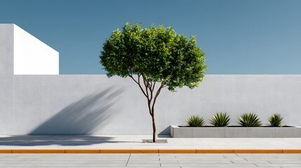 Minimalistic Green Tree Against White Wall in Urban Landscape Under Clear Blue Sky