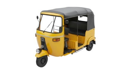 The Iconic Asian Taxi: A Realistic 3D Render of a Yellow Tuk-Tuk Auto Rickshaw, Isolated on White