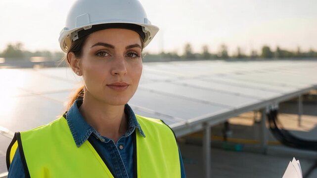Professional woman engineer looking confidently at camera with focus on her determined expression in renewable energy workplace environment