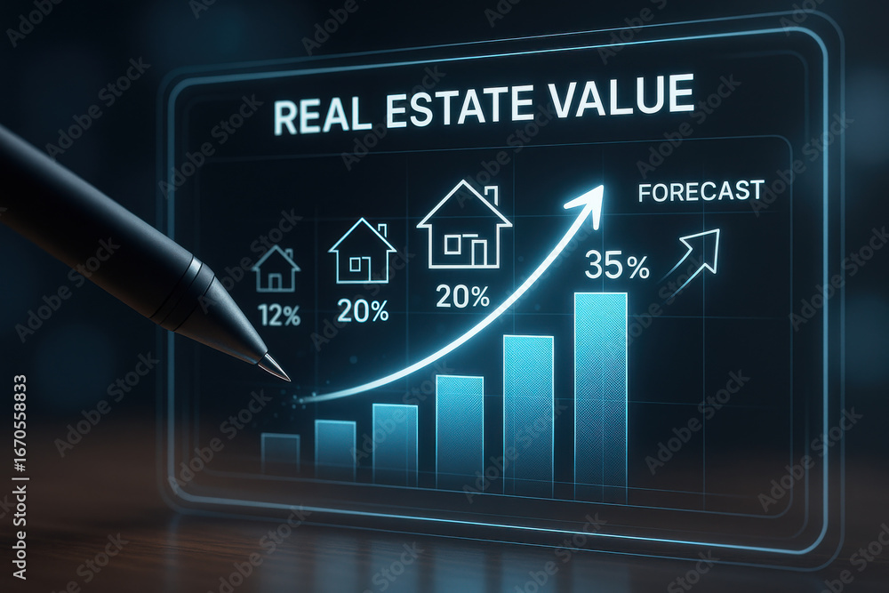 Poster real estate value forecast with rising bar chart and pen pointing at data