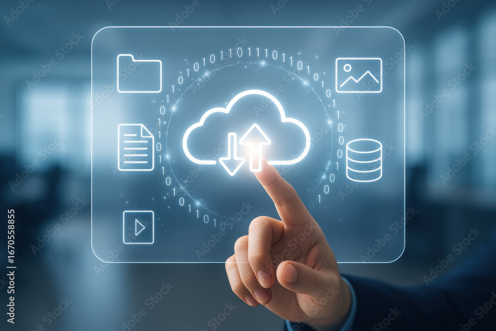 Aufkleber cloud storage concept with hand pointing on digital screen showing data upload and download icons