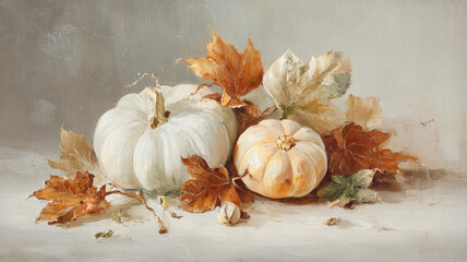 Oil painting of pumpkins and autumn leaves in vintage style with white color scheme