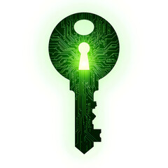  Digital Security Key with Green Circuit Board Pattern and Glowing Keyhole