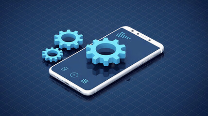 Fototapeta premium Smartphone with Blue Gears on Dark Blue Grid Background, Representing Technology and Mechanics