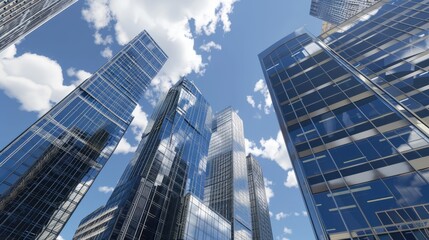 Obraz premium Twin glass skyscraper office buildings, connected by a skybridge, bright midday sun, deep blue sky,