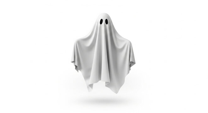 Floating ghost figure covered with white sheet isolated on white background. Halloween, supernatural or spooky atmosphere
