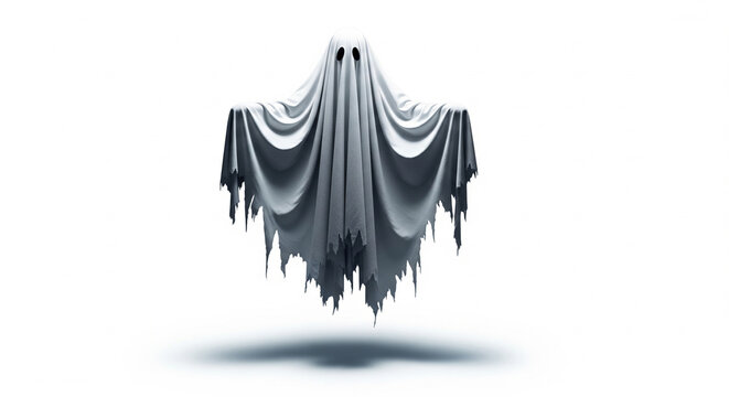 Floating ghost figure covered with white sheet isolated on white background. Halloween, supernatural or spooky atmosphere