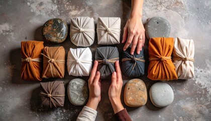 Hands wrapping gifts in fabric with natural elements