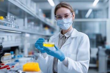 Scientist examining petri dish with yellow liquid in modern laboratory setting