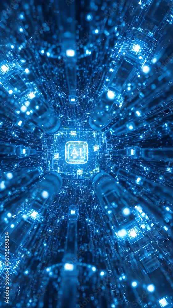 Poster ai core in neon tunnel: a breathtaking display of an artificial intelligence core, showcased within 