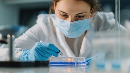 Fototapeta premium Scientist meticulously working in modern lab, conducting research with focused concentration