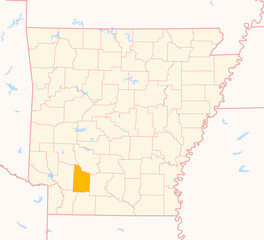 Map of the County Nevada (Arkansas, US) showing the Federal State with the highlighted County