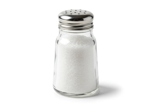 Classic glass salt shaker filled with refined white crystals, perfect for culinary or design projects