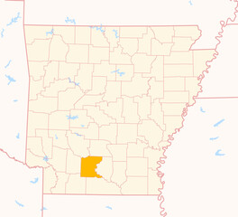 Map of the County Ouachita (Arkansas, US) showing the Federal State with the highlighted County