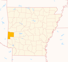 Obraz premium Map of the County Polk (Arkansas, US) showing the Federal State with the highlighted County