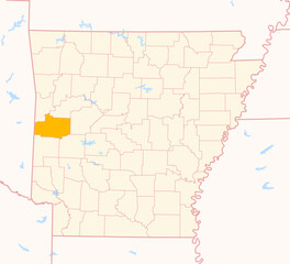 Map of the County Scott (Arkansas, US) showing the Federal State with the highlighted County