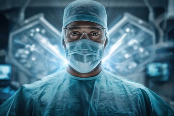 Surgeon's focused gaze with protective gear in modern operating room during surgery