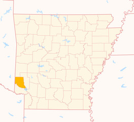 Map of the County Sevier (Arkansas, US) showing the Federal State with the highlighted County