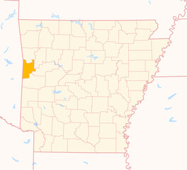 Map of the County Sebastian (Arkansas, US) showing the Federal State with the highlighted County