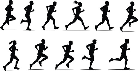 Collection of diverse runner silhouettes in motion on a white background