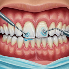 Dental Hygiene: Close-up Oil Painting of Teeth Polishing After Tartar Removal.